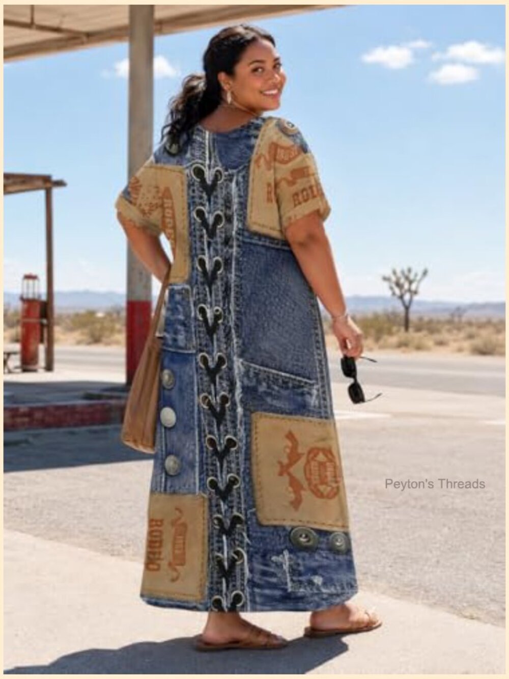 Plus Size Denim Print Maxi Dress V Neck Short Sleeve with Pockets - Picture 5 of 7